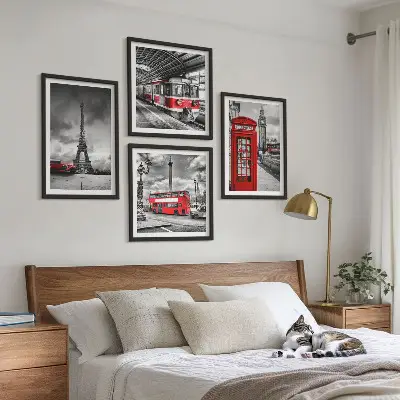 Komplet 4 slik v okvirju ikonična mesta London in Pariz s pridihom železnice