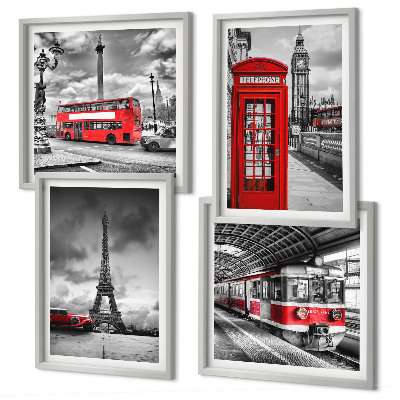 Set 4 slik v okvirju Ikonična mesta London Pariz železnica