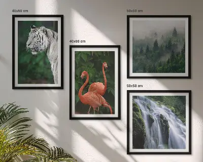 Pripravljena stenska galerija tigra, slapu in flamingov v naravi