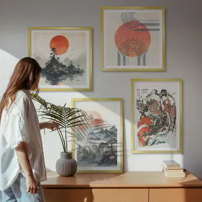 Pripravljena stenska galerija azijske pokrajine v slogu japandi