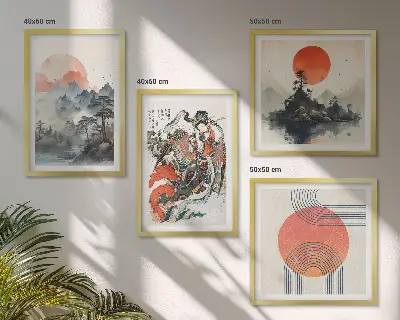 Pripravljena stenska galerija azijske pokrajine v slogu japandi