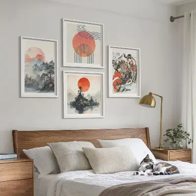 Pripravljena stenska galerija azijske pokrajine v slogu japandi