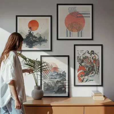 Pripravljena stenska galerija azijske pokrajine v slogu japandi