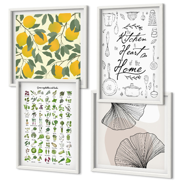 Set 4 slik v okvirju Slikanje limone v kuhinjskih zeliščih