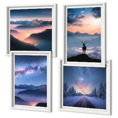 Pripravljena stenska galerija z motivom nočnega neba, gora, megle in jelena