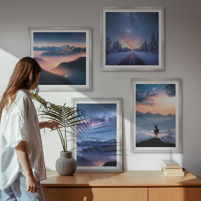 Pripravljena stenska galerija Nočno nebo gore megla jelen