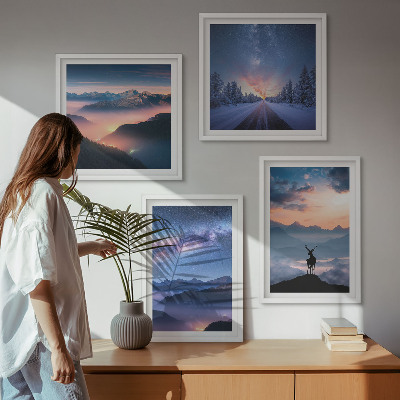 Pripravljena stenska galerija Nočno nebo gore megla jelen