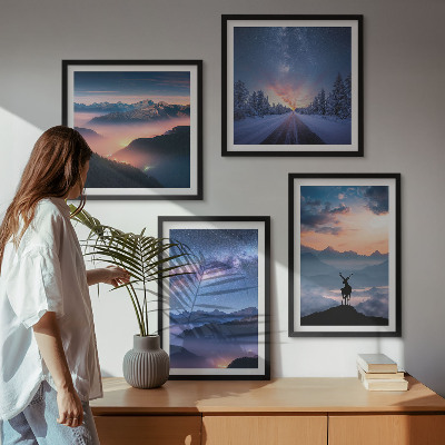 Pripravljena stenska galerija Nočno nebo gore megla jelen