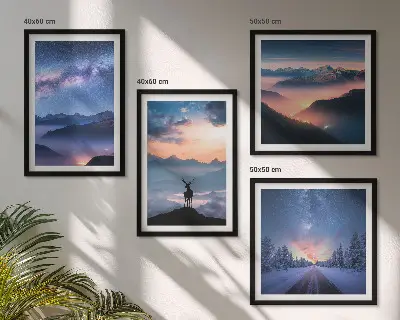 Pripravljena stenska galerija z motivom nočnega neba, gora, megle in jelena