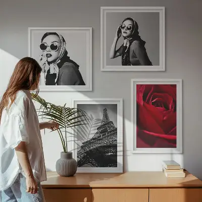 Pariška dama z Eifflovimi očali komplet 4 slik v okvirju