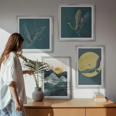 Komplet slik nad zofo motiv ptic, žerjavov, lune in gora