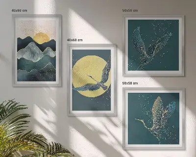 Komplet slik nad zofo motiv ptic, žerjavov, lune in gora