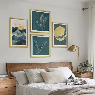 Komplet slik nad zofo motiv ptic, žerjavov, lune in gora