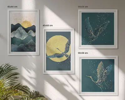 Komplet slik nad zofo motiv ptic, žerjavov, lune in gora