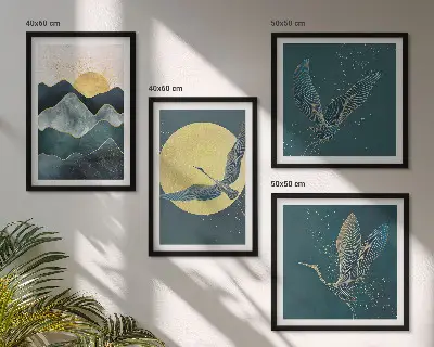 Komplet slik nad zofo motiv ptic, žerjavov, lune in gora