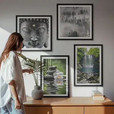 Pripravljena stenska galerija harmonija narave s kamni, vodo in Budo
