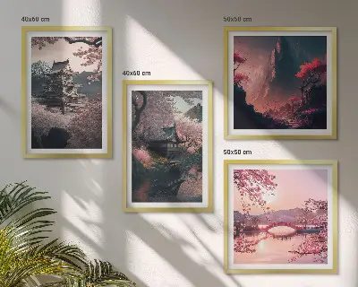 Fantazijske pokrajine Japonske komplet 4 slik v okvirju