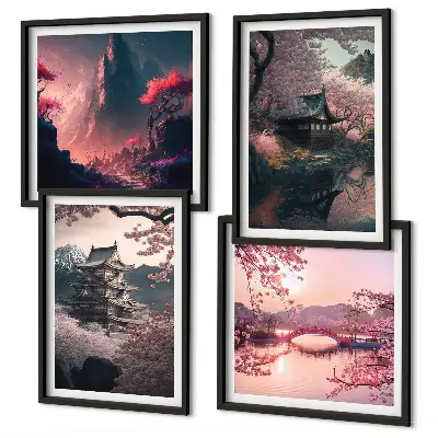 Fantazijske pokrajine Japonske komplet 4 slik v okvirju