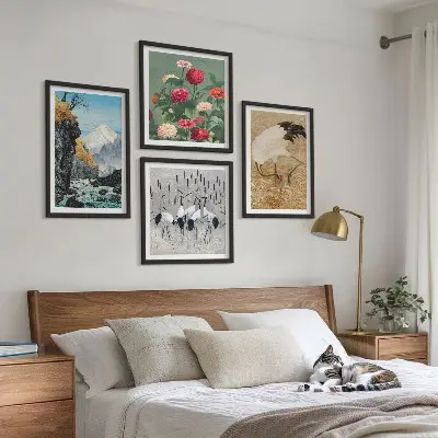 Komplet slik nad zofo z motivom gora, reke, rož in žerjavov