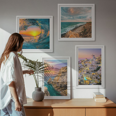 Pripravljena stenska galerija Morski valovi, bele hiše na Santoriniju