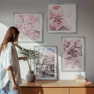 Komplet 4 slik v okvirju rožne rože z romantično pokrajino