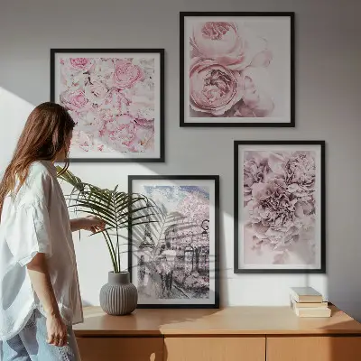 Komplet 4 slik v okvirju rožne rože z romantično pokrajino