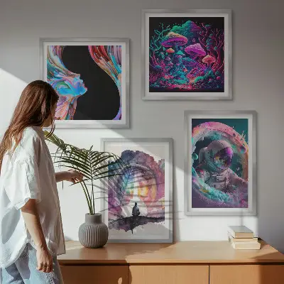 Pripravljena stenska galerija z barvitimi ilustracijami fantazijske umetnosti