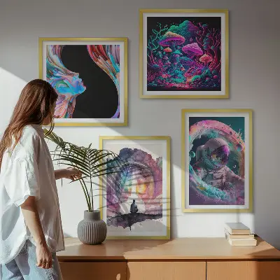 Pripravljena stenska galerija z barvitimi ilustracijami fantazijske umetnosti