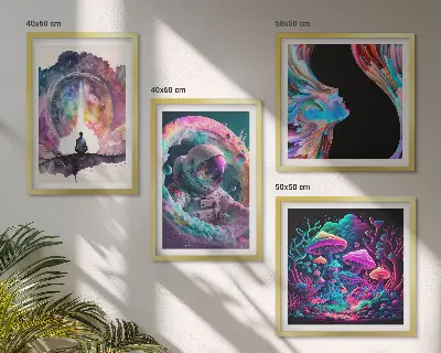 Pripravljena stenska galerija z barvitimi ilustracijami fantazijske umetnosti