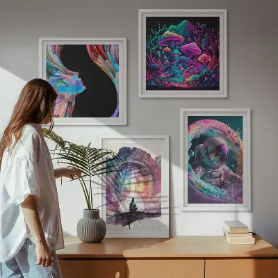 Pripravljena stenska galerija z barvitimi ilustracijami fantazijske umetnosti