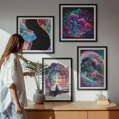 Pripravljena stenska galerija z barvitimi ilustracijami fantazijske umetnosti