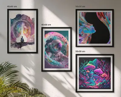 Pripravljena stenska galerija z barvitimi ilustracijami fantazijske umetnosti