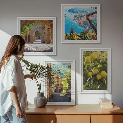 Komplet štirih slik v okvirju obmorske ulice in morje limon