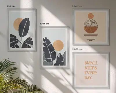 Komplet slik nad zofo z rastlinskimi vzorci in velikimi minimalističnimi sonci