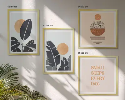 Komplet slik nad zofo z rastlinskimi vzorci in velikimi minimalističnimi sonci