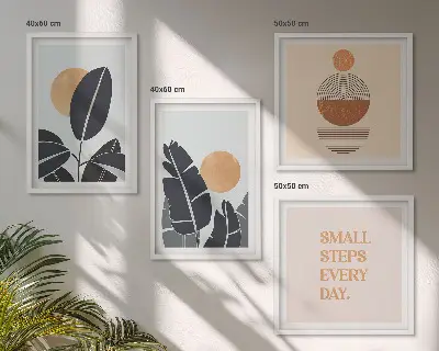 Komplet slik nad zofo z rastlinskimi vzorci in velikimi minimalističnimi sonci