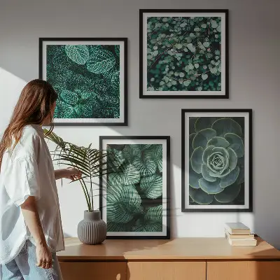 Zeleni listi elegantnih sukulent komplet 4 slik v okvirju
