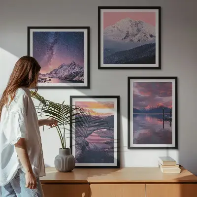 Komplet slik nad zofo z motivom gora, vode in čudovitih pokrajin
