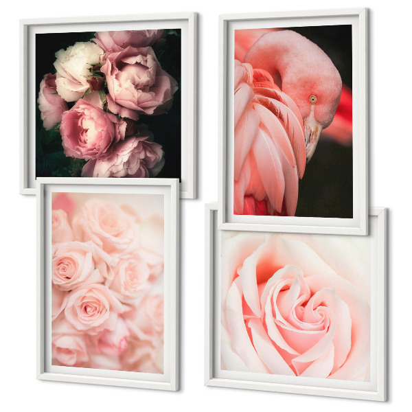 Set 4 slik v okvirju Pastelno roza flamingi