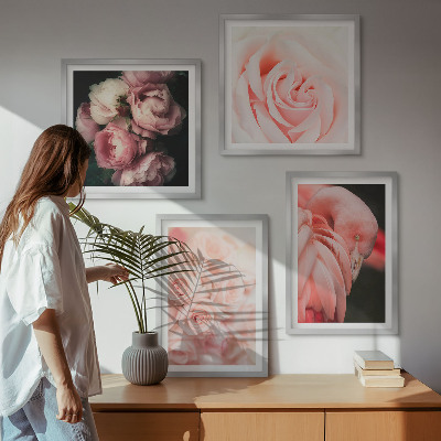 Set 4 slik v okvirju Pastelno roza flamingi