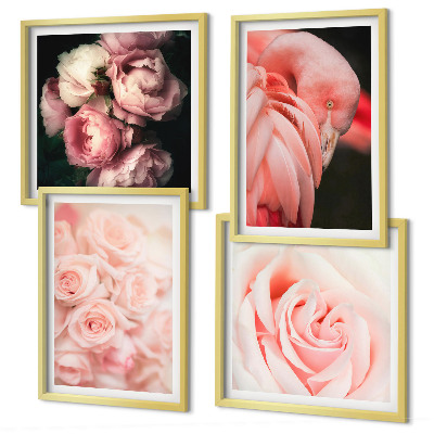 Set 4 slik v okvirju Pastelno roza flamingi