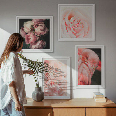 Set 4 slik v okvirju Pastelno roza flamingi