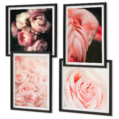 Set 4 slik v okvirju Pastelno roza flamingi