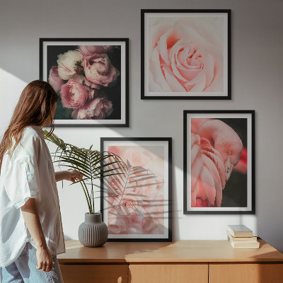 Set 4 slik v okvirju Pastelno roza flamingi
