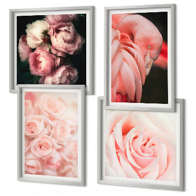 Set 4 slik v okvirju Pastelno roza flamingi
