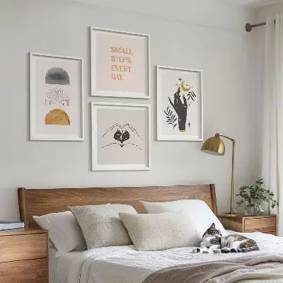 Minimalistične boemske ilustracije komplet 4 slik v okvirju