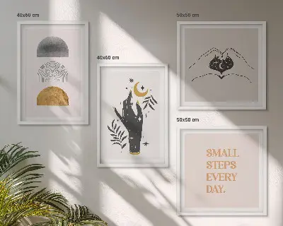Minimalistične boemske ilustracije komplet 4 slik v okvirju