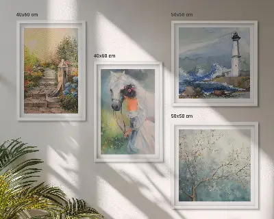Pripravljena stenska galerija svetilnik, pokrajina, dekle in konj