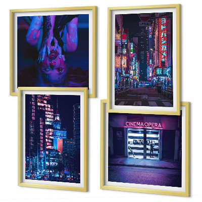 Set 4 slik v okvirju Nočno mesto z neonskimi lučmi