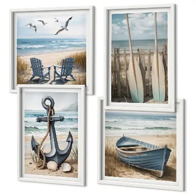 Pripravljena stenska galerija s motivom sidra, čolna, vesel in plaže